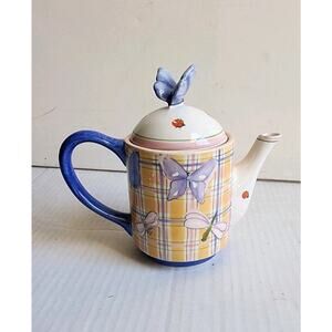 Michael Sparks Tea for One teapot Butterfly Lady Bug Dragonfly Hand Paind Plaid